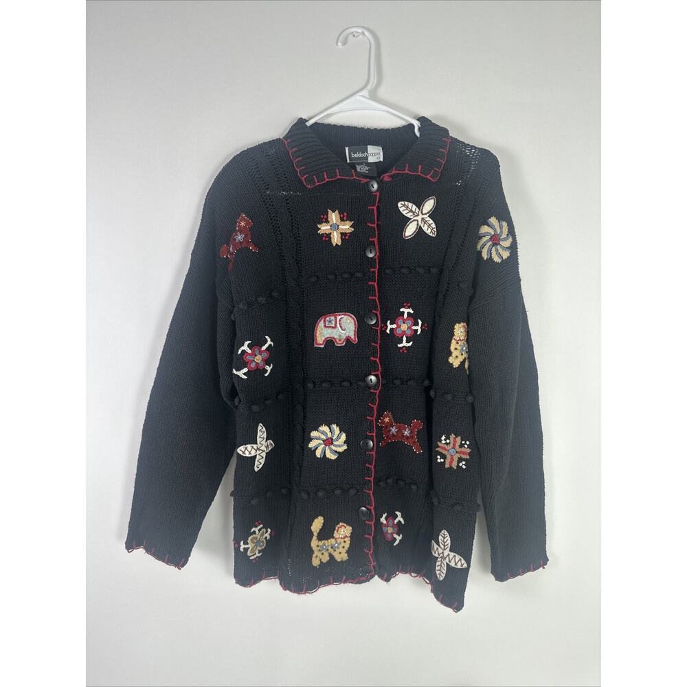 Vtg 1990's Beldoch Popper Sweater Sz Large L Elephants Horses Button Up